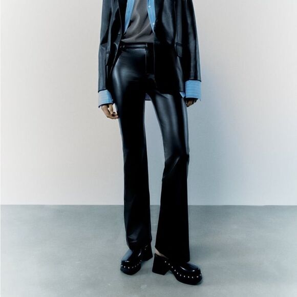 Zara Faux Leather Flared Pants Black New - Picture 1 of 3